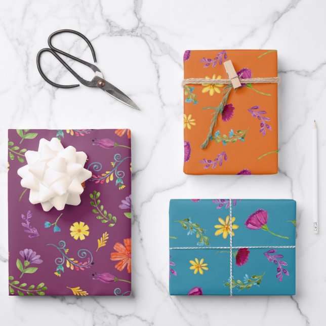 Colourful Watercolor Mexican Fiesta Flowers Wrapping Paper Sheet (Front)