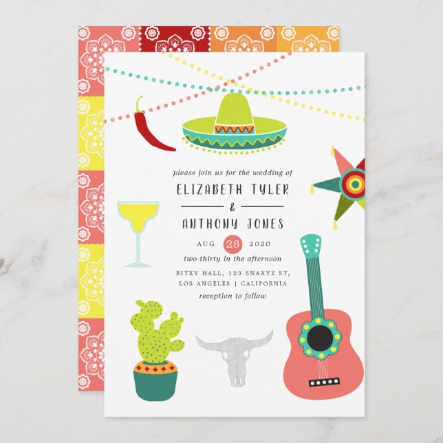 Colourful Watercolor Mexican Fiesta Wedding Invitation (Front/Back)