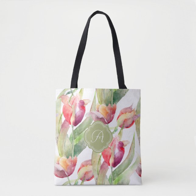 Colourful Watercolor Painted Tulips with Monogram Tote Bag (Front)
