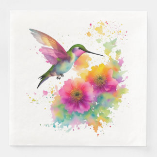 Colourful watercolor painting of a hummingbird napkin