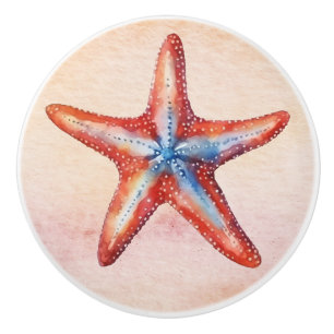 Colourful watercolor painting starfish red blue  ceramic knob