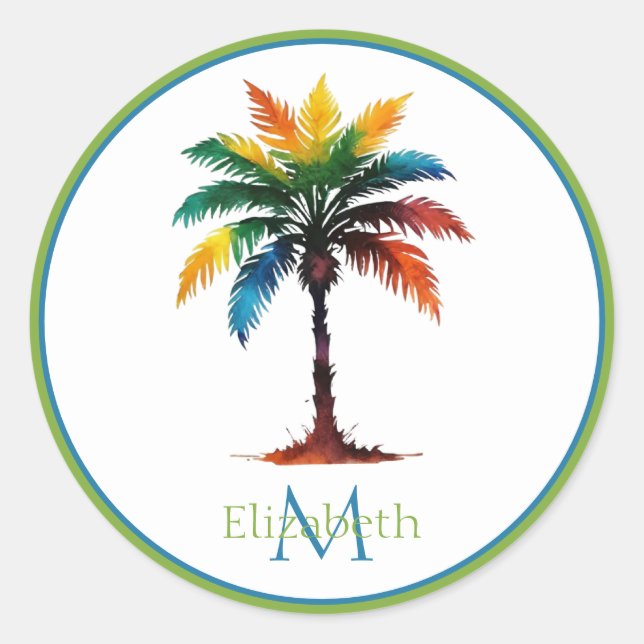 Colourful Watercolor Palm Tree Monogram Classic Round Sticker (Front)