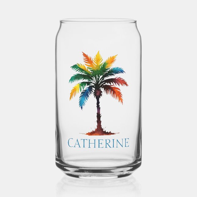 Colourful Watercolor Palm Tree Personalized Can Glass (Front)