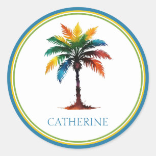 Colourful Watercolor Palm Tree Personalized Classic Round Sticker