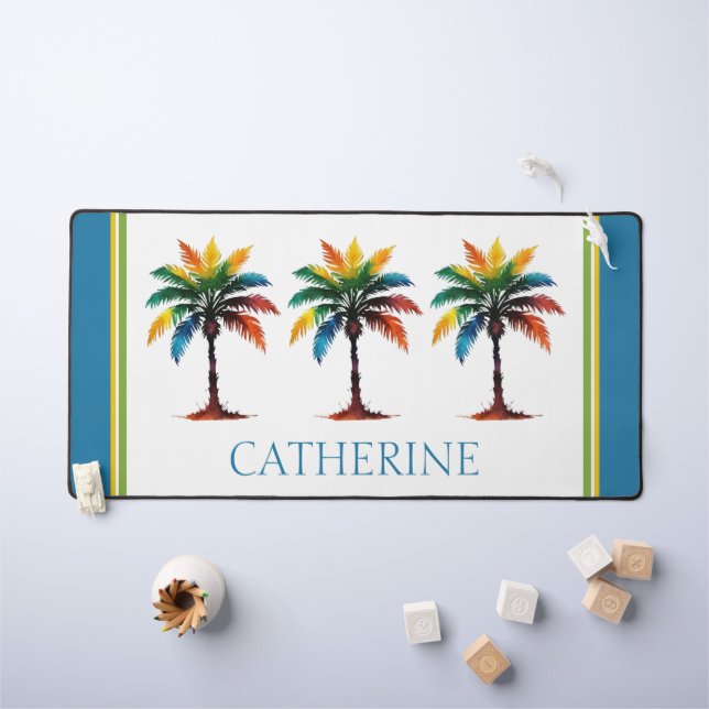 Colourful Watercolor Palm Tree Personalized Desk Mat (Kids Table)