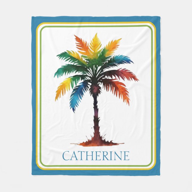 Colourful Watercolor Palm Tree Personalized Fleece Blanket (Front)