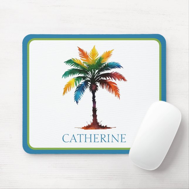 Colourful Watercolor Palm Tree Personalized Mouse Pad (With Mouse)