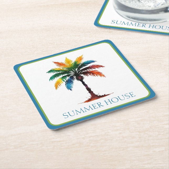 Colourful Watercolor Palm Tree Personalized Square Paper Coaster (Angled)