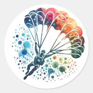 Colourful Watercolor Parachutist Classic Round Sticker