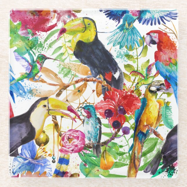 Colourful Watercolor Parrots 2 Glass Coaster (Front)