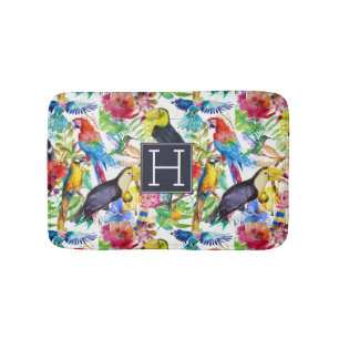 Colourful Watercolor Parrots Add Your Initial Bath Mat