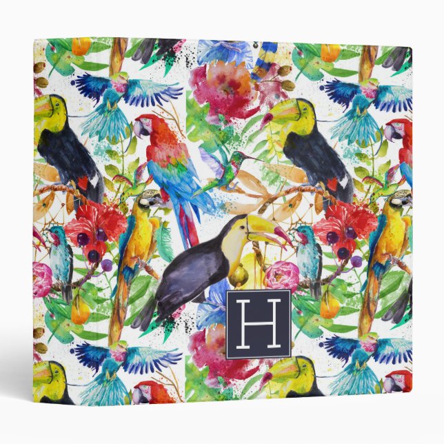 Colourful Watercolor Parrots | Add Your Initial Binder (Front/Spine)