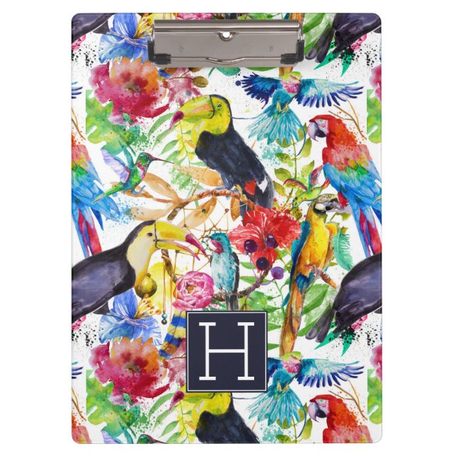 Colourful Watercolor Parrots | Add Your Initial Clipboard (Front)