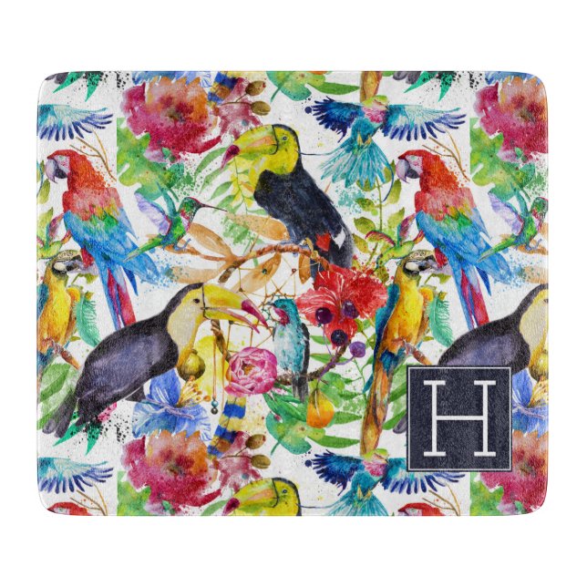 Colourful Watercolor Parrots | Add Your Initial Cutting Board (Front)