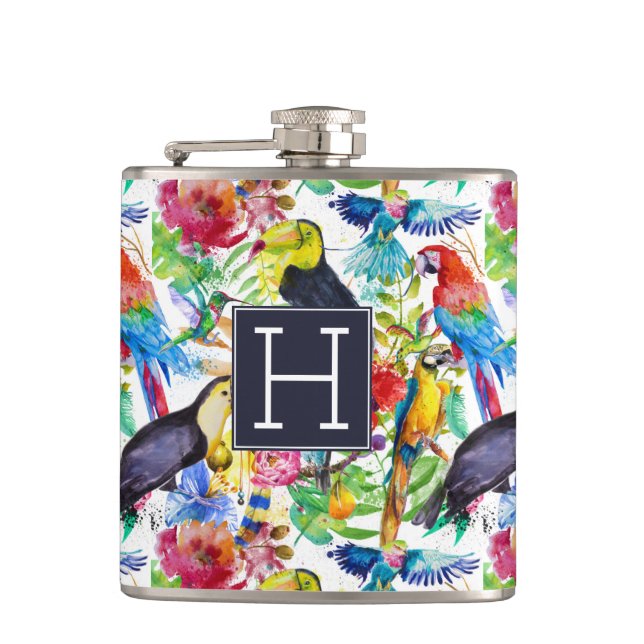 Colourful Watercolor Parrots | Add Your Initial Hip Flask (Front)