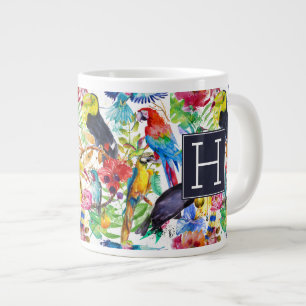 Colourful Watercolor Parrots Add Your Initial Large Coffee Mug