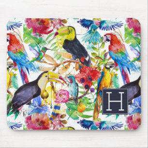 Colourful Watercolor Parrots Add Your Initial Mouse Pad