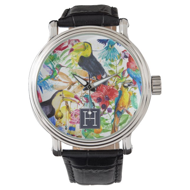 Colourful Watercolor Parrots | Add Your Initial Watch (Front)