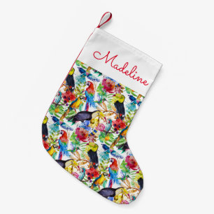Colourful Watercolor Parrots Add Your Name Small Christmas Stocking