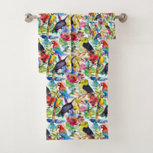 Colourful Watercolor Parrots Bath Towel Set