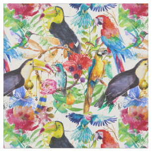 Colourful Watercolor Parrots Fabric