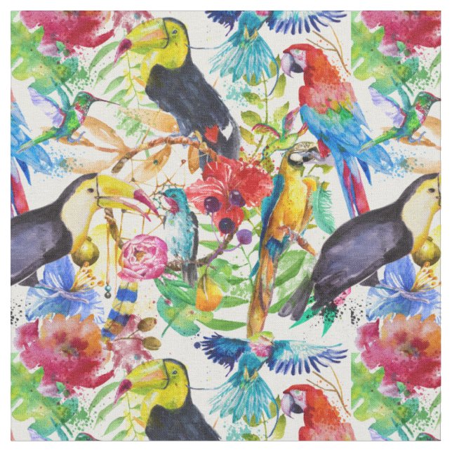 Colourful Watercolor Parrots Fabric (Close Up)