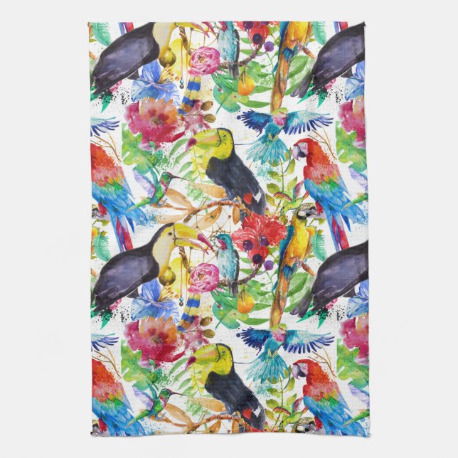 Colourful Watercolor Parrots Kitchen Towel (Vertical)