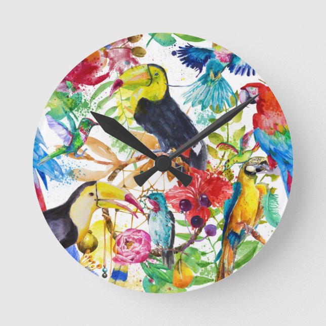 Colourful Watercolor Parrots Round Clock (Front)