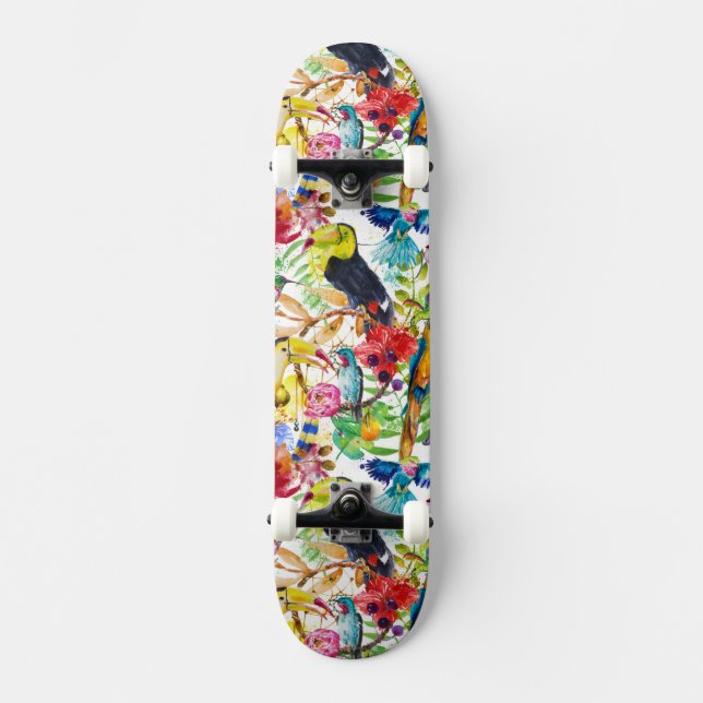 Colourful Watercolor Parrots Skateboard (Front)
