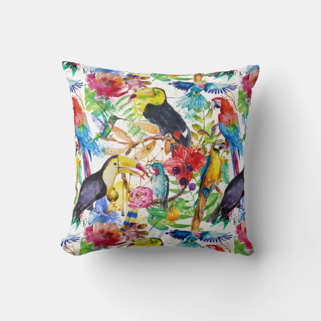 Colourful Watercolor Parrots Throw Pillow (Front)
