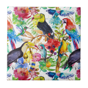 Colourful Watercolor Parrots Tile