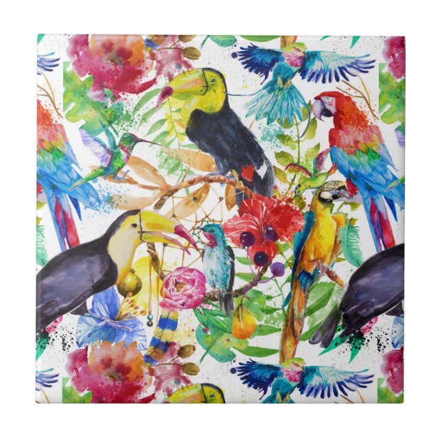 Colourful Watercolor Parrots Tile (Front)