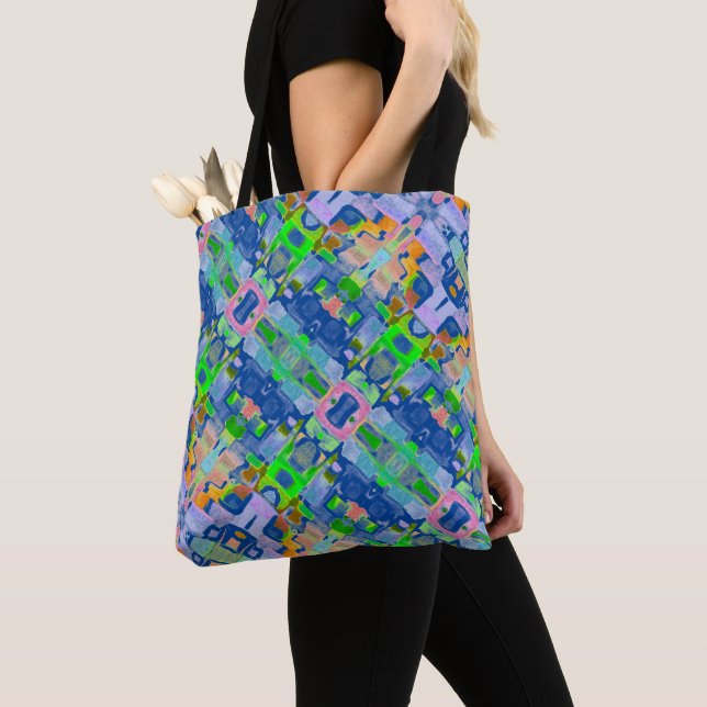 Colourful Watercolor Pattern Blue Boho Tote Bag (Close Up)