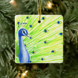 Colourful Watercolor Peacock Ceramic Ornament