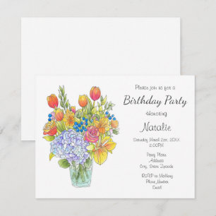 Colourful Watercolor, Pen & Ink Floral Bouquet Invitation