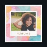 Colourful Watercolor Photo Name Kids Birthday Part Napkin<br><div class="desc">This birthday party napkin features a photo of the birthday child and their name on a bright, colourful watercolor background in pink, peach, yellow, mint, and blue. Add your child's photo and name and it coordinates beautifully with a colourful birthday party table. A fun personal touch for a kids' birthday...</div>