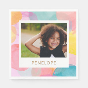 Colourful Watercolor Photo Name Kids Birthday Part Napkin