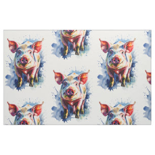 Colourful Watercolor Pig  Fabric