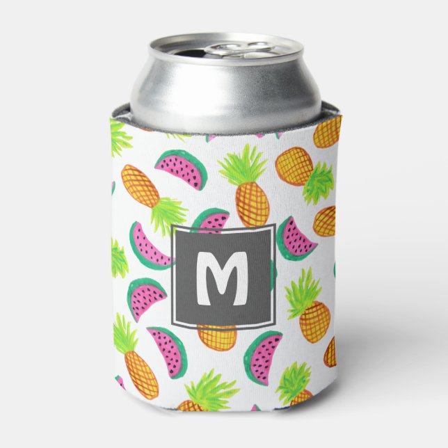 colourful watercolor pineapple watermelon pattern can cooler (Can Front)