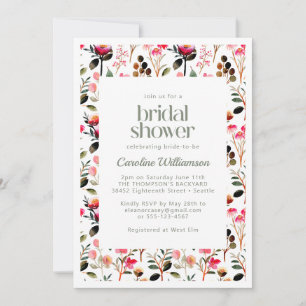 Colourful Watercolor Pink Greenery Bridal Shower Invitation