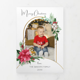 Colourful Watercolor Poinsettias, Pine & Arch Phot Tri-Fold Card