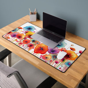 Colourful Watercolor Poppy Flower Garden Desk Mat