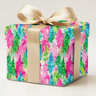 Colourful Watercolor Preppy Christmas Trees Wrapping Paper