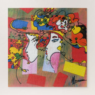 Colourful watercolor Profiles with Floral Hats Jigsaw Puzzle