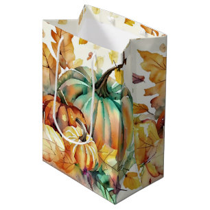 Colourful watercolor pumpkins and leaves medium gift bag