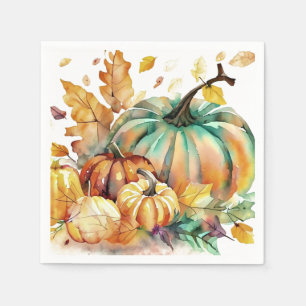 Colourful watercolor pumpkins and leaves napkin
