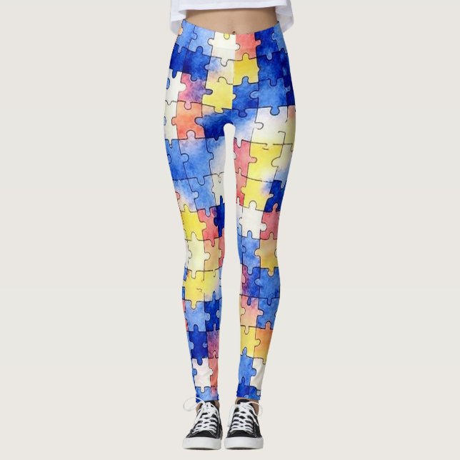 Colourful Watercolor Puzzle Piece Pattern Leggings (Front)