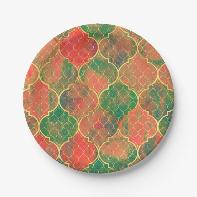 Colourful Watercolor Quatrefoil Pattern Paper Plate (Front)