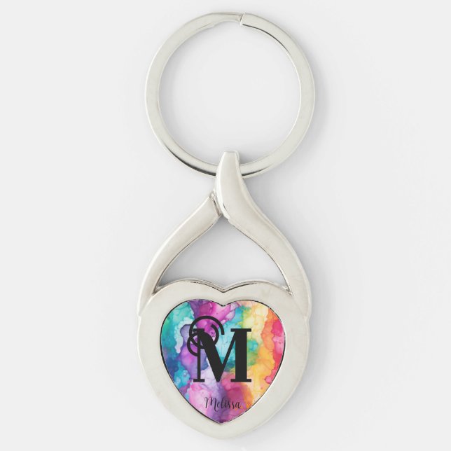 Colourful Watercolor Rainbow  monogram Keychain (Front)