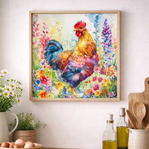 Colourful Watercolor Rooster Farmhouse Floral Poster